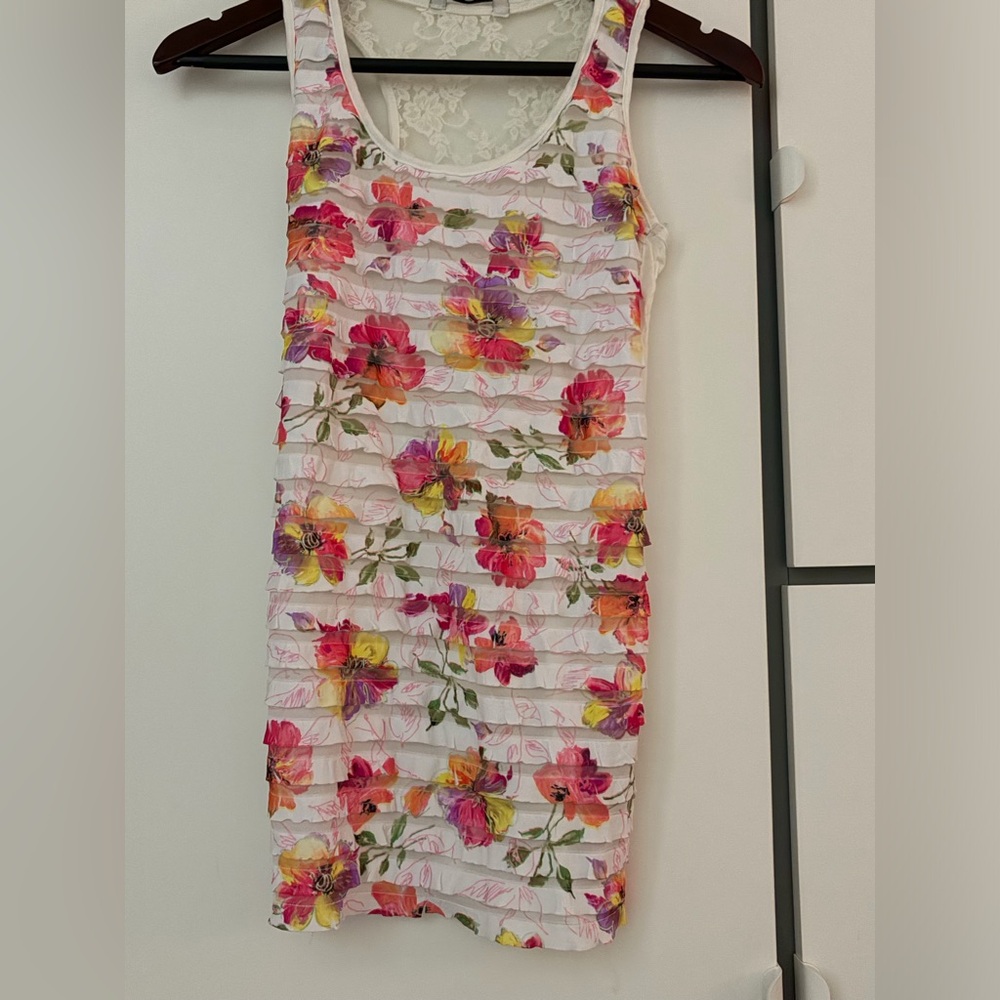New Look White Floral Ruffle Tank Top with Pink & Orange Blooms